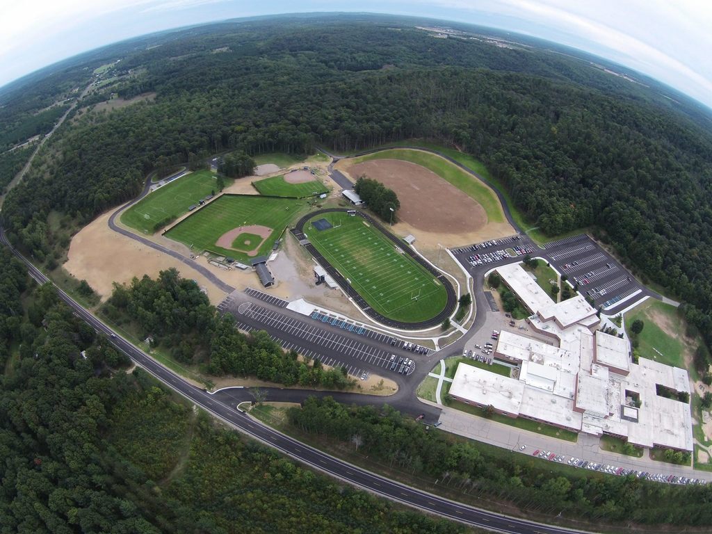 An aerial view of the school campus